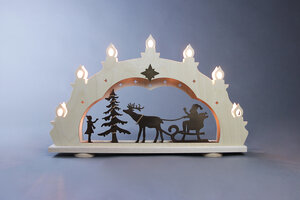 Kleiner Schwibbogen "Weihnachtsmann auf Schlitten" 7 flammig auch LED Beleuchtung wählbar - Weigla® Holzkunst