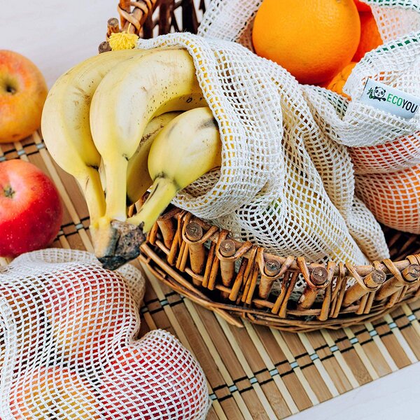 Zero Waste Gemüsebeutel S,M,L Durchschauen Obstnetz in 3 Größe Ecowaare 15pcs Obst und Gemüse Beutel mit Kordelzug Wiederverwendbar & Waschbare Einkaufsnetz