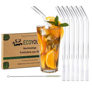  EcoYou® Glas Trinkhalme gebogen + Natur Bürste 6x23cm Strohhalme Glas - EcoYou