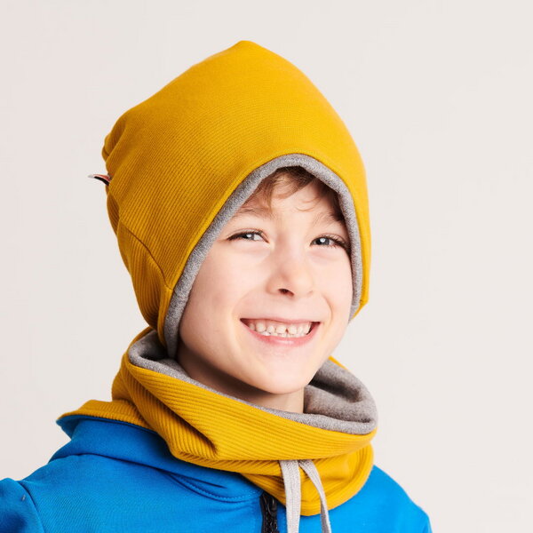 Beanie-haube "Interlock Ripp Senf/doubleface Grau" 100% Bio-baumwolle