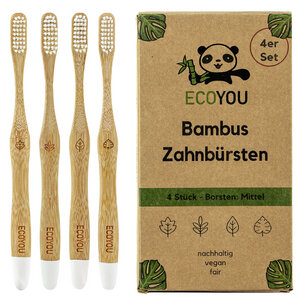 Bambus Zahnbürsten 4er Set - Vegane Holzzahnbürste - Borsten: Mittel - EcoYou