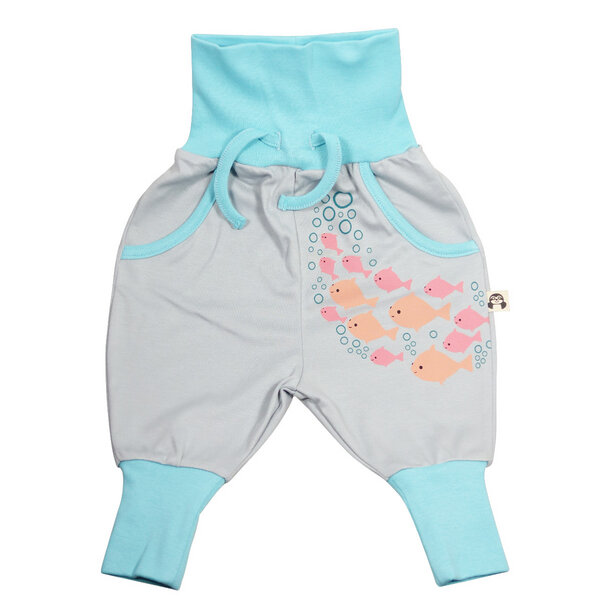 Mitwachshose Mit Eco-print Fische In Grau/hellblau Aus Pima Baumwolle