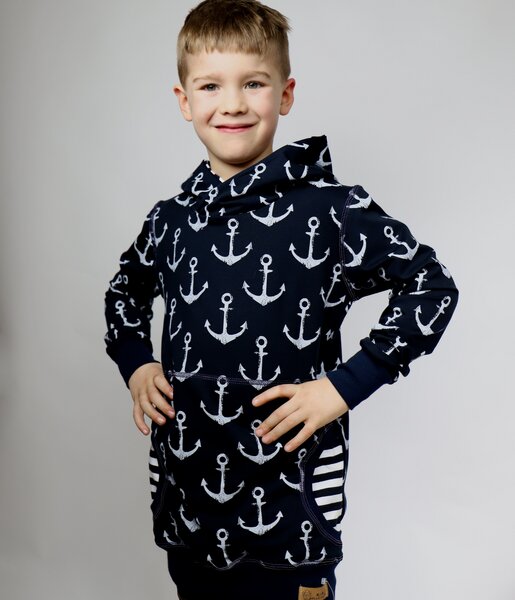 Kapuzenpulli Bio-sommersweat Anker/streifen Blau-weiß