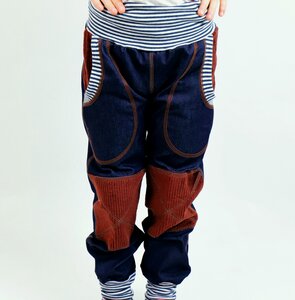 Kinder-/Baby-Mitwachs-Jeans blau mit Taschen und rostbraunen Cordflicken - Omilich