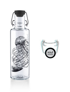 *ALL BLACK SET* soulbottle 0,6l Trinkflasche aus Glas - Motiv "Jellyfish in the bottle" + komplett schwarz eingefärbter Deckel + schwarzer Dichtungsring - soulbottles