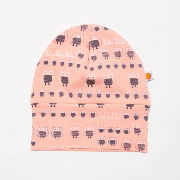 Gefütterte Baby-haube Aus Bio-baumwolle "Sweat Familie Eule Pink" Rosa/grau