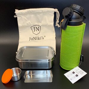 Geschenk-Set: JuNiki´s® Lunchbox + doppelwandige Glasflasche mit Trinköffnung und Edelstahl-Teefilter und Wollfilzhülle - ideal für die Teepause - JN JuNiki's