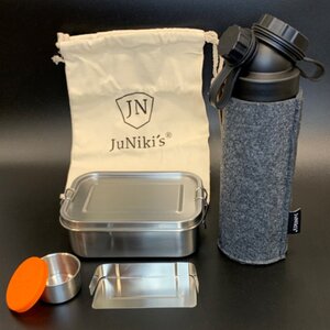Geschenk-Set: JuNiki´s® Lunchbox + doppelwandige Glasflasche mit Trinköffnung und Edelstahl-Teefilter und Filzhülle - ideal für die Teepause - JN JuNiki's