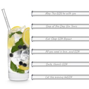 HALM Glasstrohhalme Trinkhalme mit gravierten Ginsprüchen in Englisch GIN EDITION 6x 20 cm (gerade) + Reinigungsbürste - HALM