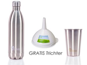Edelstahl Flasche + Becher in Silber und Gratis Trichter aus Biokunststoff - Made Sustained