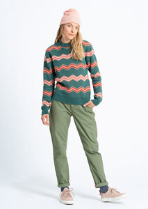 Gemusterter Damen Strickpullover aus Bio Baumwolle rosa/rot/grün | Knit Crew Neck #ZIGZAG - recolution