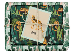 Veganes Geschenkpapier Set "Leopard/tropisch": 4x Bögen + 1x Grußkarte (V-Label zertifiziert, Blauer Engel, Recyclingpapier) - dabelino