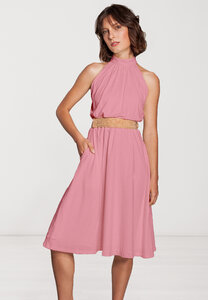 Knielanges Kleid Stehkragen tailliert Raffung ärmellos Viskose weiß oder rosa - SinWeaver alternative fashion