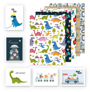 Kinder Geschenkpapier 5er Set: Auto, Weltall, Dinosaurier, Feuerwehr - dabelino