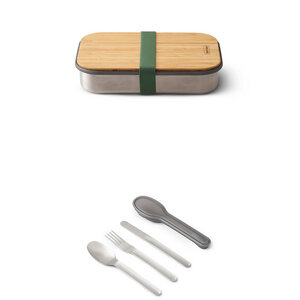 [Set] Lunchbox "Sandwich Box Small" 900ml mit Bambusdeckel & Besteck-Set mit Etui - Black + Blum