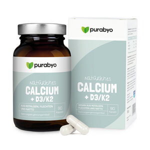 Natürliches Calcium+D3/K2 - Calcium aus Rotalgen + mit Vitamin D3 und Vitamin K2 - Purabyo