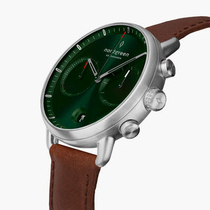 Chronograph Pioneer Silber Uhr | Green Sunray Ziffernblatt - Lederarmband - Nordgreen Copenhagen
