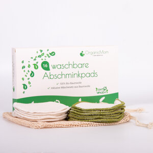 16 Bio-Baumwolle Abschminkpads waschbar in natur + grün inkl. Baumwollbeutel - OrganicMom®