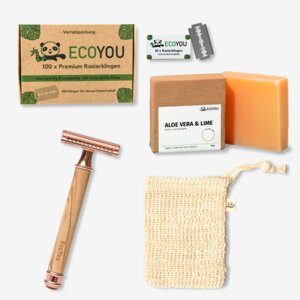 Rasierhobel - Set inkl. Seife, Rasierklingen und Seifensäckchen - Geschenkset (Rose) - EcoYou