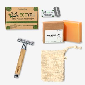 Rasierhobel - Set inkl. Seife, Rasierklingen und Seifensäckchen - Geschenkset (Silber) - EcoYou