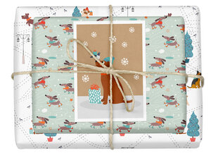 Geschenkpapier Set: Weihnachten "Hunde (Mops, Dackel)": 4x Bögen + 1x Weihnachtskarte (für Erwachsene + Kinder) - dabelino