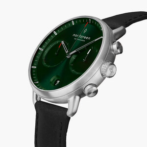 Chronograph Pioneer Silber Uhr | Green Sunray Ziffernblatt - Lederarmband - Nordgreen Copenhagen
