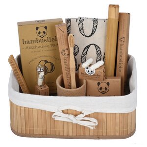 Bambus Geschenkkorb Set - mit Abschminkpads, Zahnbürsten, Wattestäbchen, Zahnseide, Zahnputzbecher, Zahnbürstenetui, Kamm & Tragetasche - bambusliebe