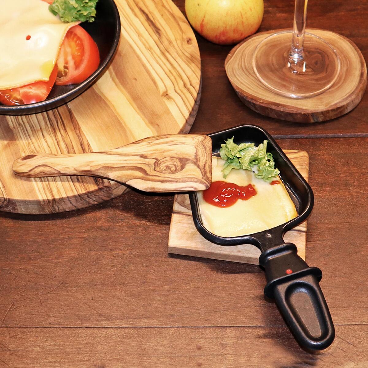 Olivenholz 6 Raclette für - Raclette Pfännchen Avocadostore | - Set NATUREHOME Holz-Schaber