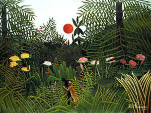 Poster / Leinwandbild - Henri Rousseau: Urwald mit Sonnenuntergang - Photocircle