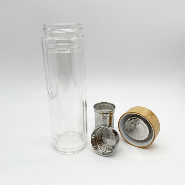 Naturewater Doppelwandige Teeflasche 400ml - Glas Mit Edelstahlsieb & Bambusdeckel