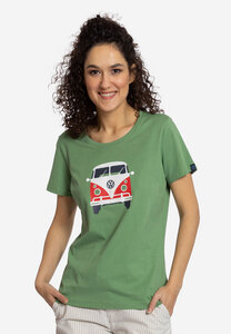 Damen T-Shirt Kult mit VW T1 Bulliprint auf Brust und Rücken - Elkline