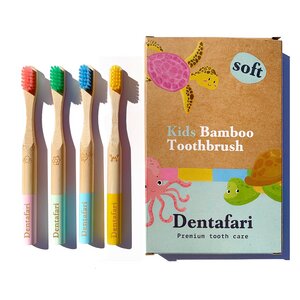 Bambus Kinder Zahnbürste 4er Set - 4 Farben - weiche Borsten - Dentafari