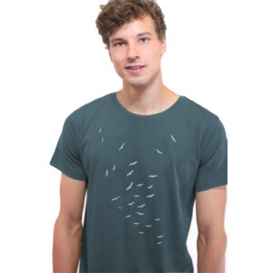 T-Shirt "Vogelschwarm", bedrucktes Herrenshirt, Siebdruck, Bio-Baumwolle - Spangeltangel