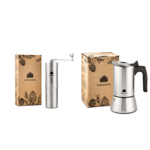 Kaffee Spar-Pack 10: Manuelle Kaffeemühle Handkaffeemühle + Edelstahl Espressokocher 1-2 Tassen (100 ml Füllmenge) - GROENENBERG