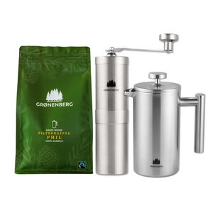 Kaffee Spar Set 8: Bio Kaffeebohnen 250 g + Manuelle Kaffeemühle + Edelstahl French Press 0,6 L - GROENENBERG