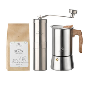 Kaffeemühle manuell + Edelstahl Espressokocher 300 ml + 250g Bohnen - Ecoroyal