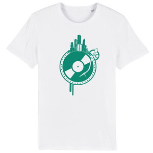 T-Shirt "Weltscheibe", Herren, bedruckt, Siebdruck, Schallplatte und Erdkugel - Spangeltangel