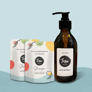 Bio Naturkosmetik Shampoo in Pulverform mit Refill-Glasflasche - Treu-Refill