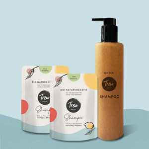 Bio Naturkosmetik Shampoo in Pulverform mit Refill-Flasche aus Flüssigholz - Treu-Refill
