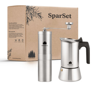 Kaffee Spar Set 6 | Espressokocher Edelstahl (2|4|6 Tassen) + Kaffeemühle - GROENENBERG