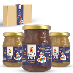 YIMUKA Premium Bio Honig Selektion aus Uganda - Natur Honig ohne Zucker – 3 x 350g - Geschenkeset - Waldhonig aus tropischen Blüten - Cremiger Blütenhonig und Rohhonig - Kräftig-herber Geschmack - Yimuka