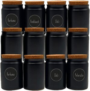 12x Gewürzdose Keramik Topf schwarz Gewürzgläser Gewürzbehälter mit Korken inkl. Gewürzetiketten - mikken