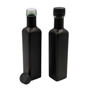 2er Set Ölflasche mit Ausgießer 250 ml Glasflaschen matt schwarz / glänzend weiss inkl. 2 Etiketten - mikken