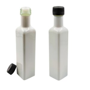 2er Set Ölflasche mit Ausgießer 250 ml Glasflaschen matt schwarz / glänzend weiss inkl. 2 Etiketten - mikken