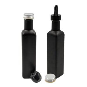 2er Set Ölflasche / Essigflasche 250 ml (schwarz/weiß beschichtet) mit Ausgießer Glasflaschen matt schwarz / glänzend weiss mit Dosierer + Schraubdeckel + 2 Etiketten - mikken