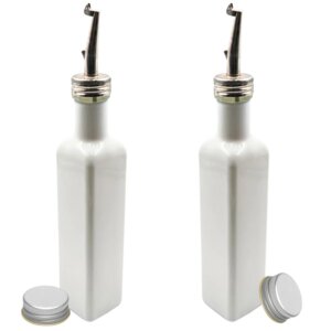 2x Dosierflasche 250 ml (matt schwarz/weiß beschichtet) Glasflaschen mit Edelstahl-Ausgießer + Schraubdeckel + 2 Etiketten - mikken