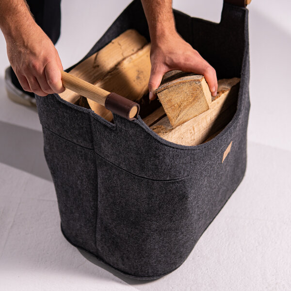 easy and green Korb für Kaminholz mit Echtholzgriffen (Eiche) aus