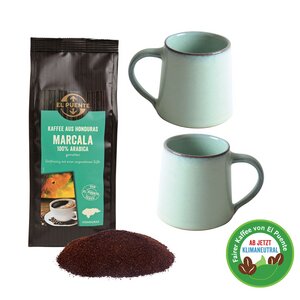 "Have a cup of coffee with me" Geschenk-Set mit Fair Trade Bio-Kaffeebohnen und Handmade Keramik Bechern - El Puente
