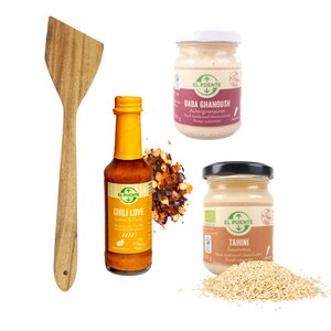 Levante Küche – Veganes Geschenk-Set mit Tahini, Baba Ghanoush, Lemon & Garlic Sauce und Pfannenwender - El Puente