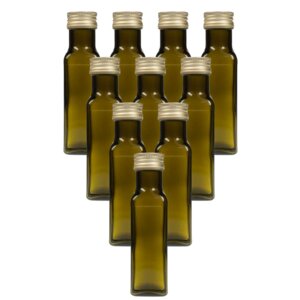 10x leere Glasflasche 100 ml / 250 ml braun-grün eckig mit Schraubdeckel und Etiketten - mikken